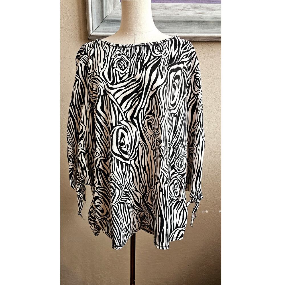 Hot Cotton Women's Tie Cuffs Sleeve Zebra Print Pullover Top Size 3X Black White